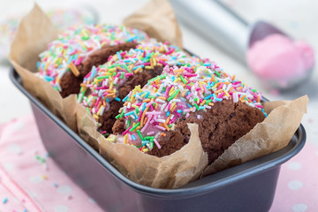 Homemade ice cream sandwich with chocolate chip cookie, watermelon ice cream,  covered with colorful sprinkles, horizontal