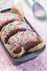 Homemade ice cream sandwich with chocolate chip cookie, watermelon ice cream and covered with colorful sprinkles, vertical