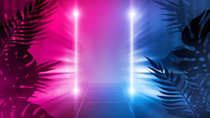 Background of empty dark scenes with neon lights and shapes, smoke. Silhouettes of tropical palm leaves in the foreground. Bright futuristic abstract background