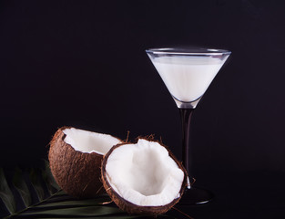 Pina Colada cocktail with palm leaf and coconut on the black background