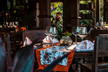 Rustic table set up. Vintage table arrangment on old wooden background.