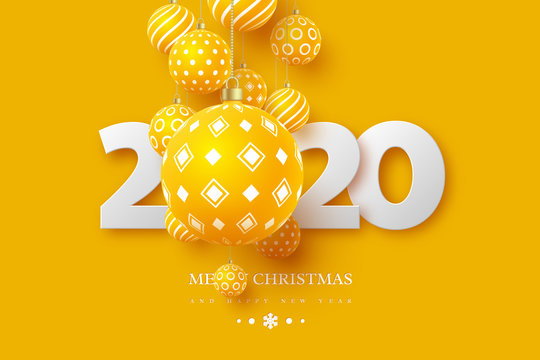 2020 New Year sign with 3d hanging baubles. Yellow background. Christmas holiday design. Vector illustration.