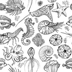 Naklejka premium Seamless pattern with hand drawn marine life. Black and white