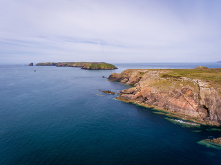 Fototapeta premium The end of the Welsh coastline, Deer Park, Marloes Beach, Haverfordwest, Wales Drone Aerial Photo