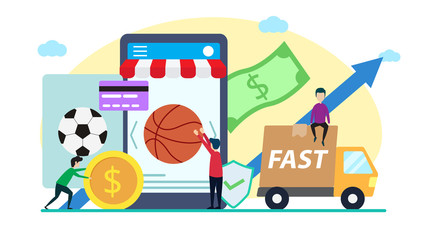 Fototapeta premium online shop creative illustration vector of graphic , small people business online shopping illustration vector , business online vector , vector flat illustration