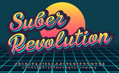 Syber Revolution. Futuristic 3D script font. Cyber punk style. Red color. 1980s style. Disco and vintage