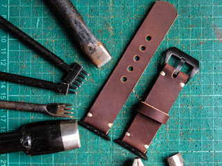 Genuine leather watch band strap handmade of crafts working