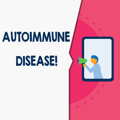Word writing text Autoimmune Disease. Business photo showcasing body tissues are attacked by its own immune system Man stands in window hold loudspeaker speaking trumpet without listener