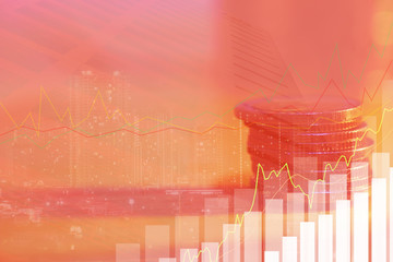 Financial investment concept, Double exposure of city night and stack of coins for finance...