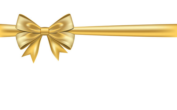 Ribbon bow gift, isolated white background. Satin gold design festive frame. Decorative Christmas, Valentine day card, present holiday decoration. Birthday shiny silk ribbon bow. Vector illustration