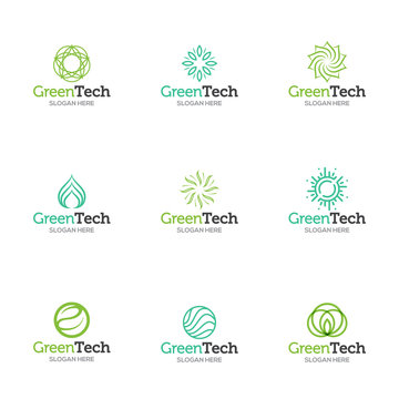 Collection of logo templates. Vector abstract shapes for green technology brand, logo, label design. Eco, organic, tree, energy, natural resources tech.