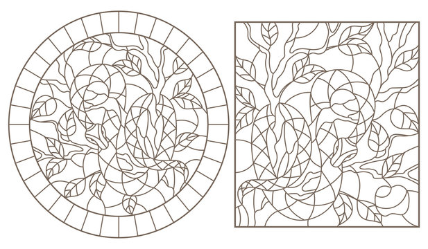 Set of contour illustrations of stained-glass windows with snakes on trees , dark contour on white background