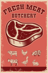 Fresh meat. Poster template with meat cut on grunge background. Vector illustration