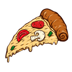 Hand drawn illustration of cut of pizza isolated on white background. Design element for poster, card, banner, t shirt, emblem, sign. Vector illustration