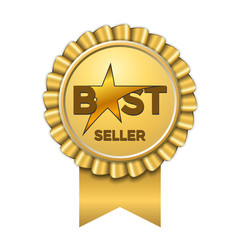 Best seller award ribbon icon. Gold badge isolated white background. Golden bestseller label. Abstract decoration design medal, quality guarantee, certificate graphic element. Vector illustration