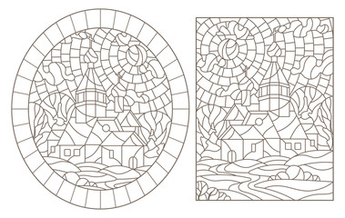 Set of contour illustrations of stained glass Windows with temples on the background of landscapes , dark contours on a white background