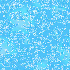 Seamless pattern with flowers, buds and leaves, light outline patterns on blue background