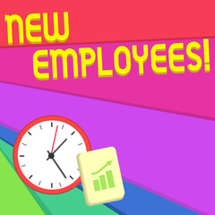 Obraz premium Text sign showing New Employees. Business photo text has not previously been employed by the organization Layout Wall Clock Notepad with Escalating Bar Graph and Arrow Pointing Up
