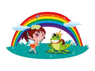Obraz premium beautiful magic fairy with toad prince and rainbow
