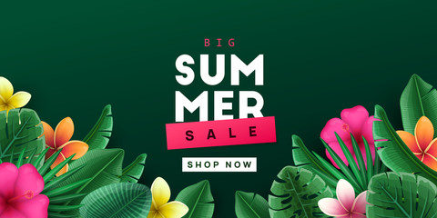 Summer sale background with tropical flowers and palm leaves. Vector illustration