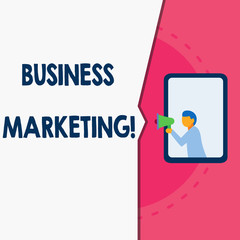 Word writing text Business Marketing. Business photo showcasing products and services are sold to other businesses Man stands in window hold loudspeaker speaking trumpet without listener