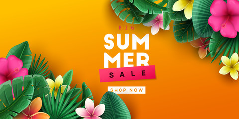 Summer sale background with tropical flowers and palm leaves. Vector illustration