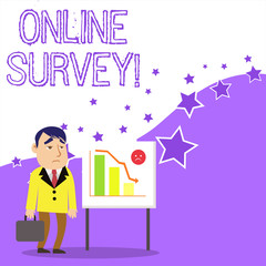 Text sign showing Online Survey. Business photo showcasing type of assessment that is conducted via the Internet Businessman Clerk with Brief Case Standing Whiteboard Declining Bar Chart