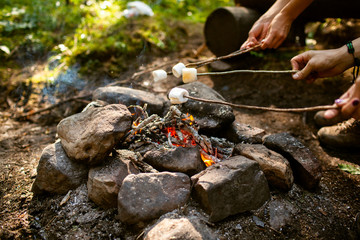 A girl sits by the fire in the woods drinking tea and roasting marshmallows