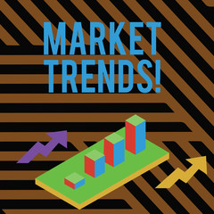 Text sign showing Market Trends. Business photo showcasing Changes and developments in buying and selling in the market Colorful Clustered 3D Bar Chart Graph Diagram in Perspective with Two Arrows
