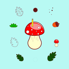 Set of forest elements: fly agaric, mushroom, worm, leaf, oak, acorn.Vector illustration in colorful tones on an isolated background.