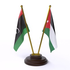 Libya and Jordan, two table flags isolated on white background. 3d image