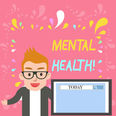Word writing text Mental Health. Business photo showcasing the state or level of psychological wellbeing of a demonstrating Male Speaker Monitor with Search Tool on Screen Presentation or Report