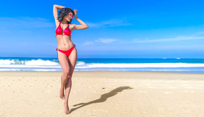 Fototapeta na wymiar 3D beautiful sun-tanned woman swimsuit bikini sea beach.Girl in sunglasses.Summer rest.Blue ocean background.Sunny day.Conceptual fashion art.Seductive candid pose.3D render illustration.