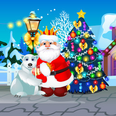 Decorated Christmas tree, lamppost animated Santa Claus and polar bear. Sample of poster, party holiday invitation, festive card. Vector cartoon close-up illustration.