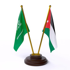 Saudi Arabia and Jordan, two table flags isolated on white background. 3d image