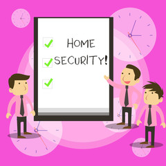 Conceptual hand writing showing Home Security. Concept meaning A system that help protect your home from unwanted intruders Business Colleagues Discuss Missions Presentation Whiteboard Ticks