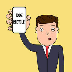 Writing note showing 100 Percent Recycle. Business concept for contains 100 percent postconsumer recovered material Man Holding Vertical Smartphone Device Screen for Attention
