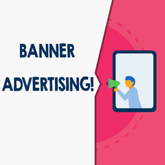 Word writing text Banner Advertising. Business photo showcasing advertisement that appears across the top of a web page Man stands in window hold loudspeaker speaking trumpet without listener