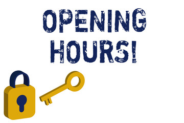 Text sign showing Opening Hours. Business photo showcasing the time during which a business is open for customers Yellow and Blue 3D Locked Padlock and Key Isolated against White Background