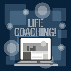 Writing note showing Life Coaching. Business concept for a demonstrating employed to help showing attain their goals in life Laptop Switched On with Website Homepage Screen Web Search