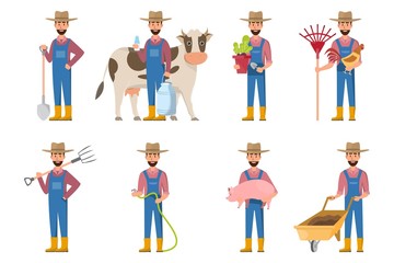 happy farmer cartoon in many characters set