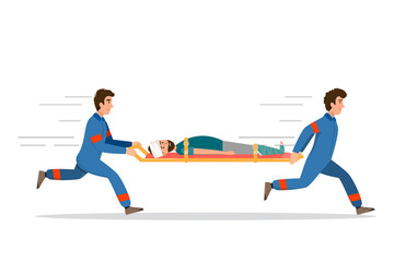 ambulance emergency medical service. staff is carrying patient in stretcher