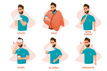 Set of sick people feeling unwell, cough, having cold, sore throat, fever, allergy and, headache