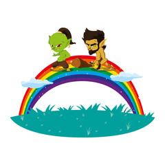 Obraz premium ugly troll with caveman gnome and rainbow