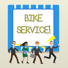 Word writing text Bike Service. Business photo showcasing cleaning and repairing bike mechanism to keep best condition People Crowd Flags Pennants Headed by Leader Running Demonstration Meeting