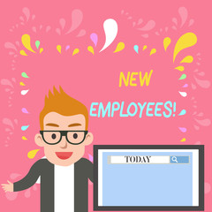 Word writing text New Employees. Business photo showcasing has not previously been employed by the organization Male Speaker Monitor with Search Tool on Screen Presentation or Report