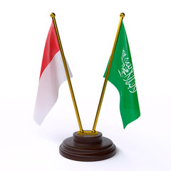 Indonesia and Saudi Arabia, two table flags isolated on white background. 3d image