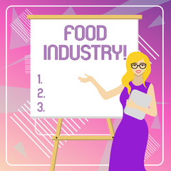 Text sign showing Food Industry. Business photo showcasing Diverse businesses that supplies food to worlds population White Female in Glasses Standing by Blank Whiteboard on Stand Presentation