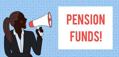 Conceptual hand writing showing Pension Funds. Concept meaning investment pools that pay for employee retirement commitments Woman Jacket Ponytail Shouting into Loudhailer Box
