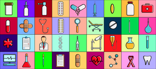 A large beautiful set of medical items and tools pharmacy or doctor's office, tablets thermometers syringes medication flasks on the background of multi-colored squares. Vector illustration
